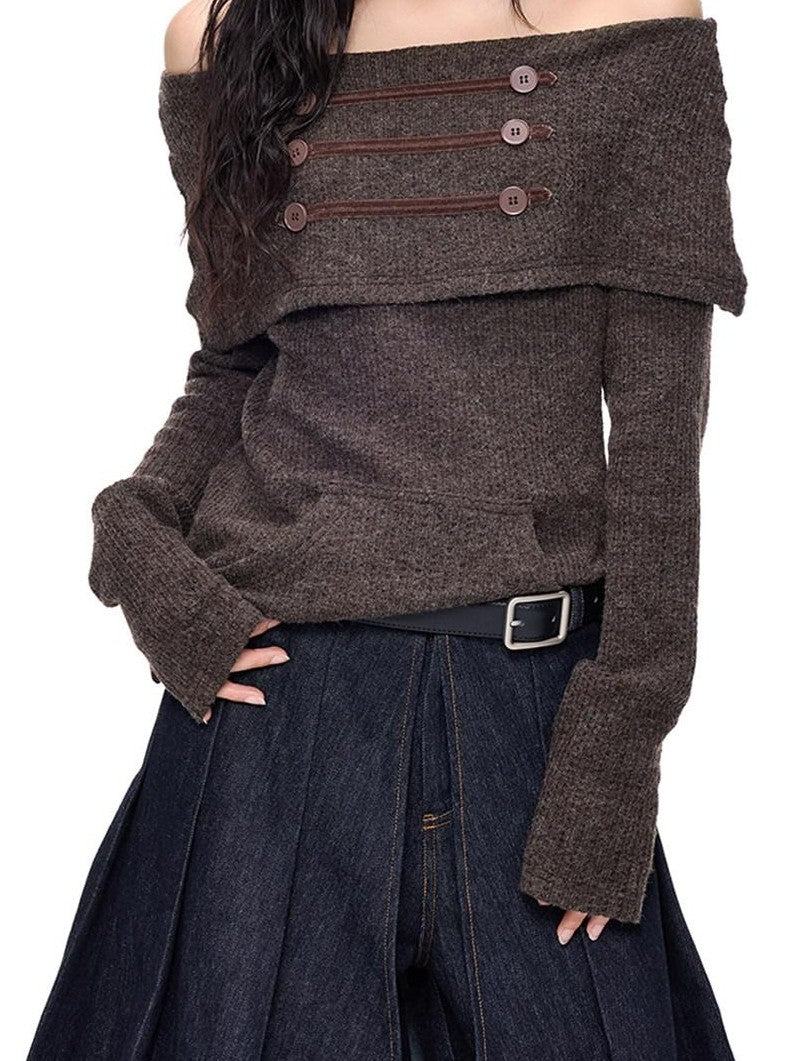 EZEK Napoleon Button One Line Collar Women's Viscose Blend Off-shoulder Sweaters