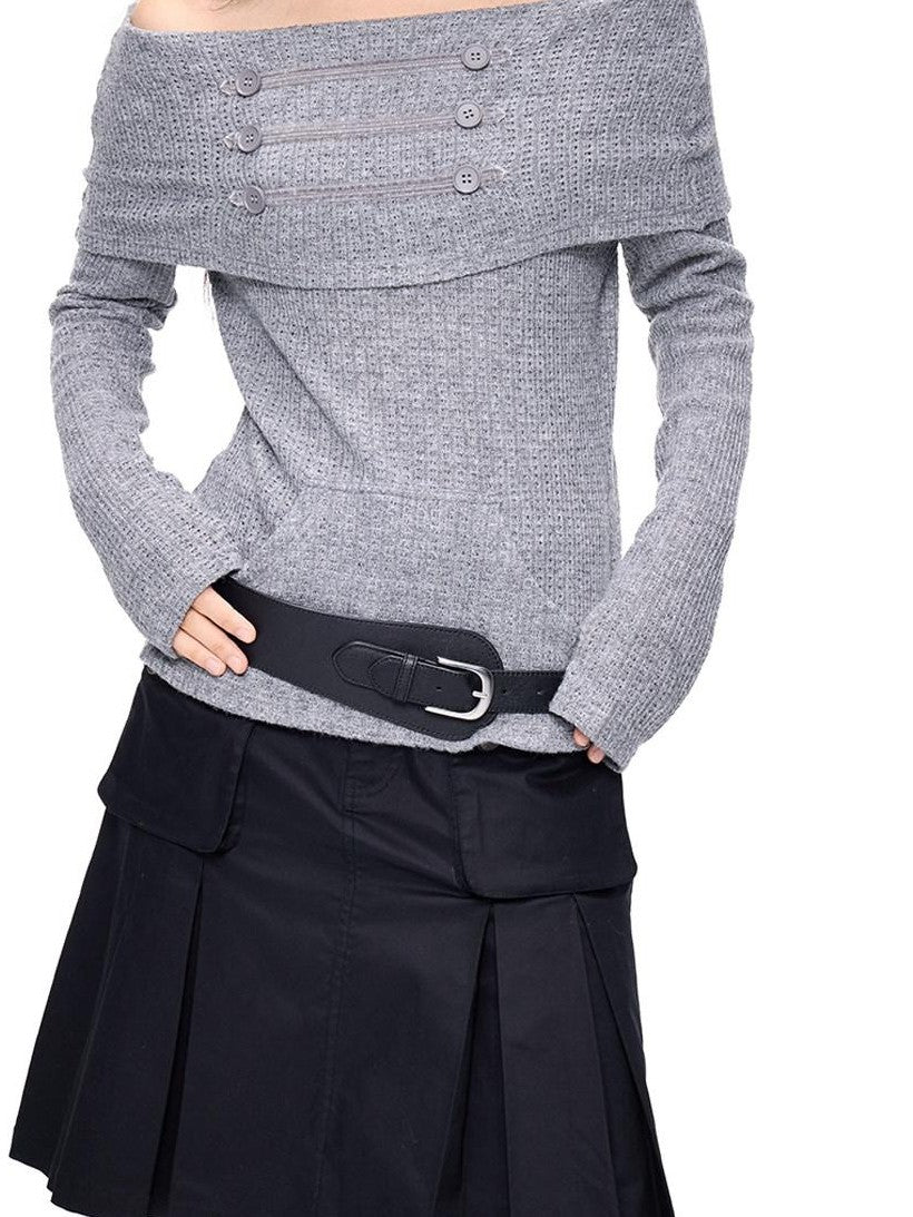 EZEK Napoleon Button One Line Collar Women's Viscose Blend Off-shoulder Sweaters