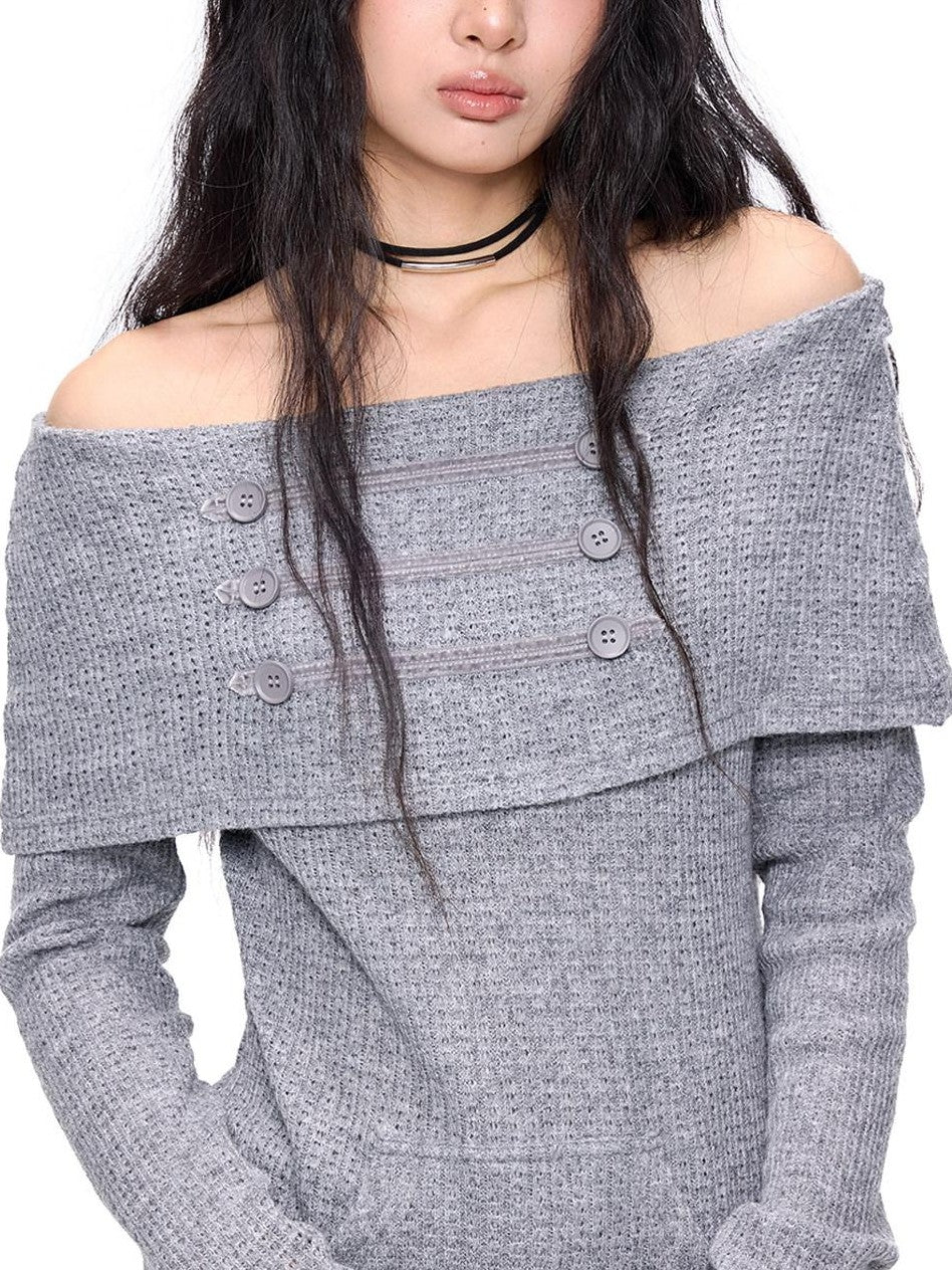 EZEK Napoleon Button One Line Collar Women's Viscose Blend Off-shoulder Sweaters