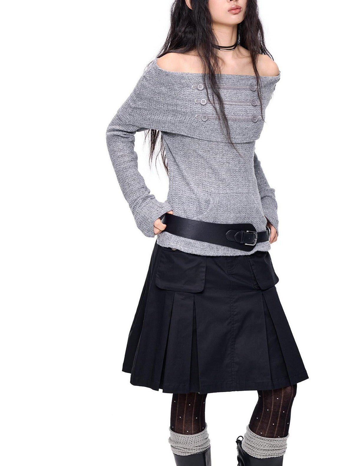 EZEK Napoleon Button One Line Collar Women's Viscose Blend Off-shoulder Sweaters