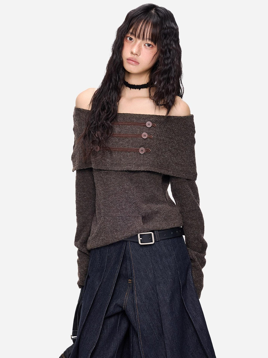 EZEK Napoleon Button One Line Collar Women's Viscose Blend Off-shoulder Sweaters
