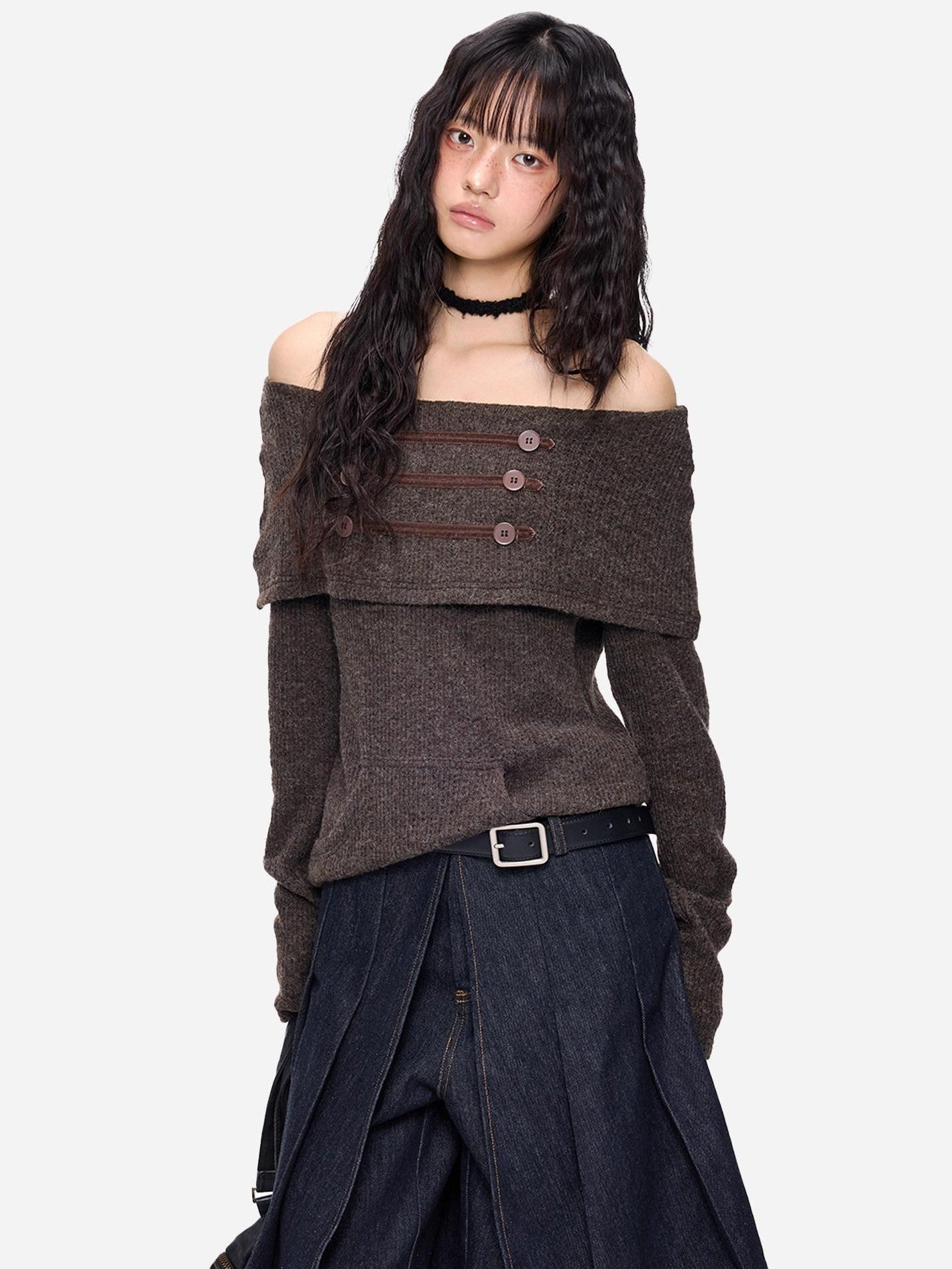 EZEK Napoleon Button One Line Collar Women's Viscose Blend Off-shoulder Sweaters