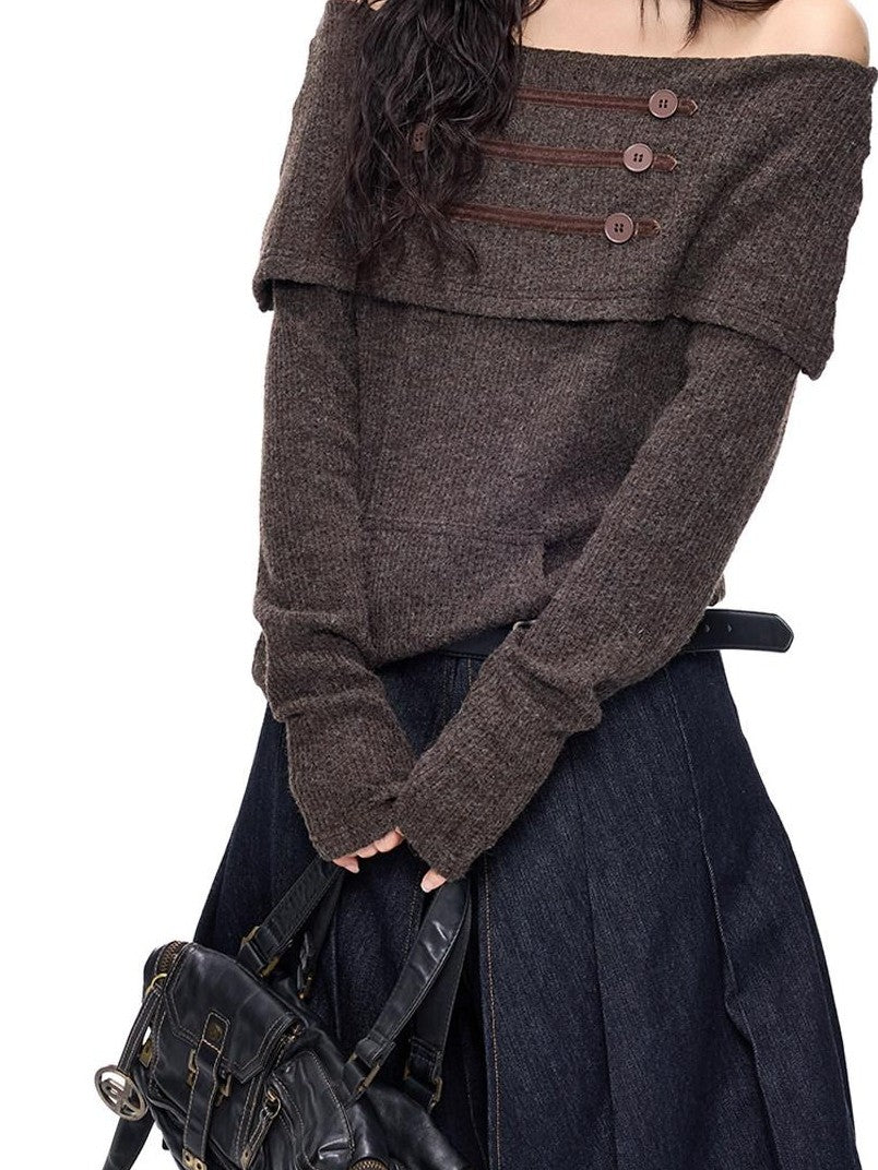 EZEK Napoleon Button One Line Collar Women's Viscose Blend Off-shoulder Sweaters