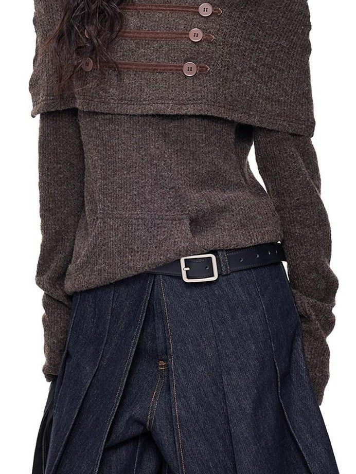 EZEK Napoleon Button One Line Collar Women's Viscose Blend Off-shoulder Sweaters