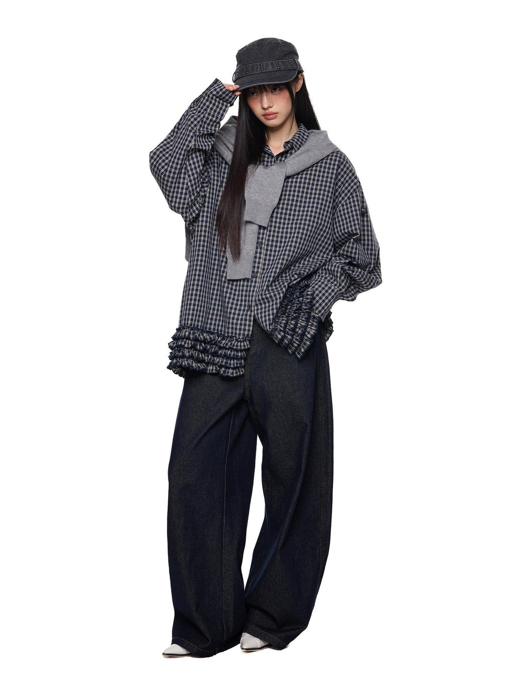 EZEK Navy Plaid Pleated Hem Gathered Detail Collared Women's Cotton Oversized Shirts