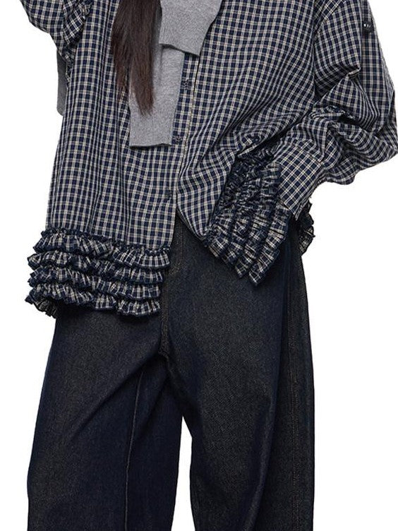 EZEK Navy Plaid Pleated Hem Gathered Detail Collared Women's Cotton Oversized Shirts