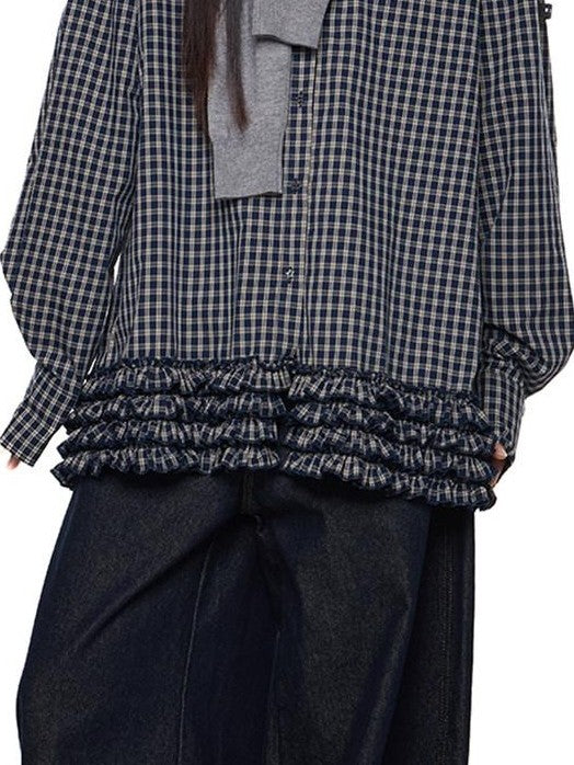 EZEK Navy Plaid Pleated Hem Gathered Detail Collared Women's Cotton Oversized Shirts