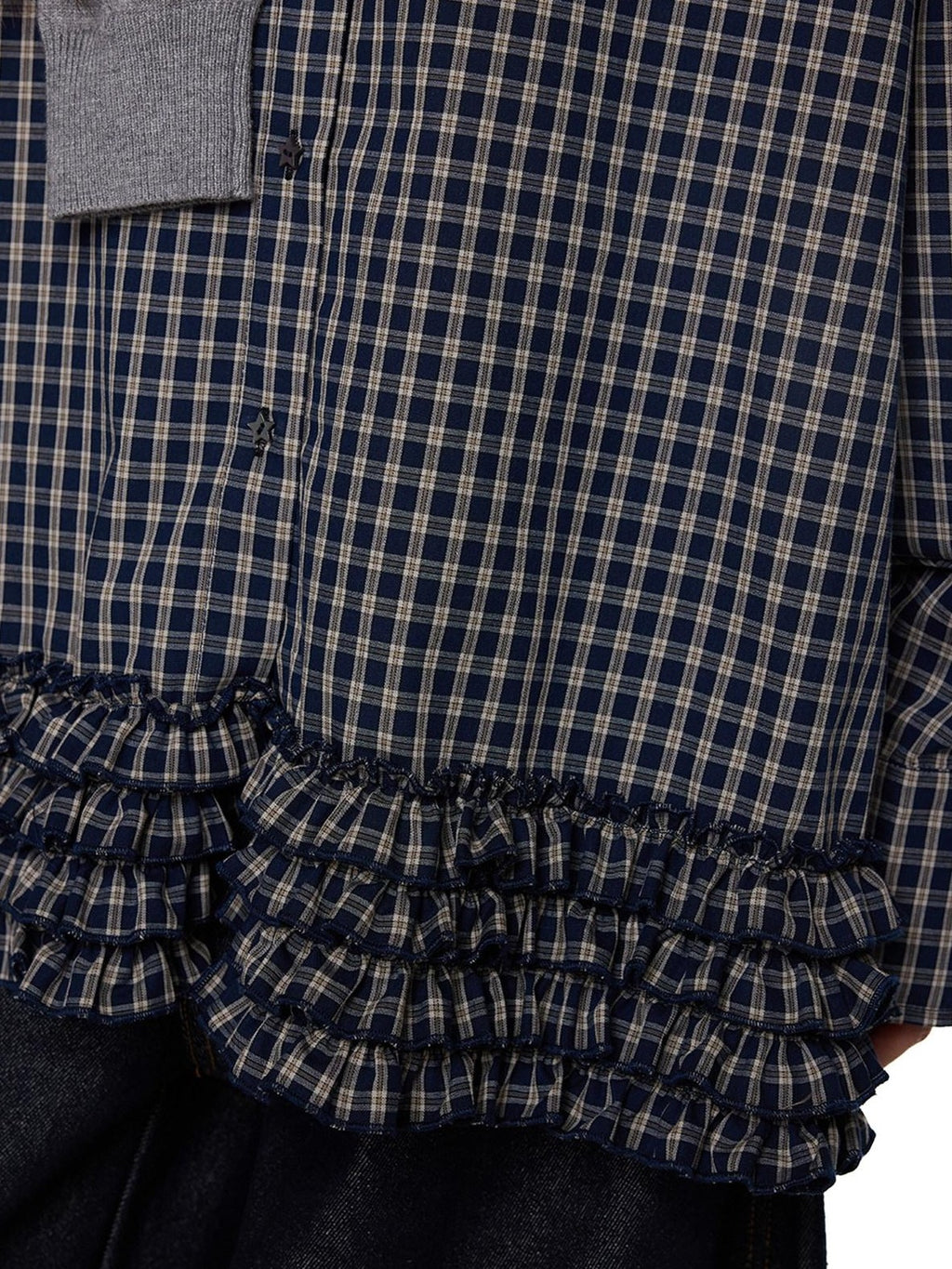EZEK Navy Plaid Pleated Hem Gathered Detail Collared Women's Cotton Oversized Shirts