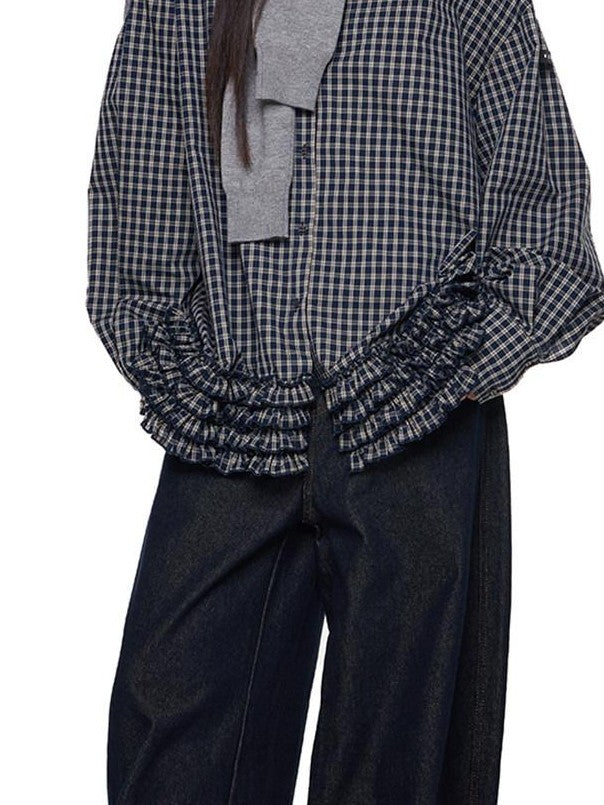 EZEK Navy Plaid Pleated Hem Gathered Detail Collared Women's Cotton Oversized Shirts