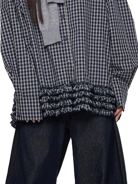 EZEK Navy Plaid Pleated Hem Gathered Detail Collared Women's Cotton Oversized Shirts