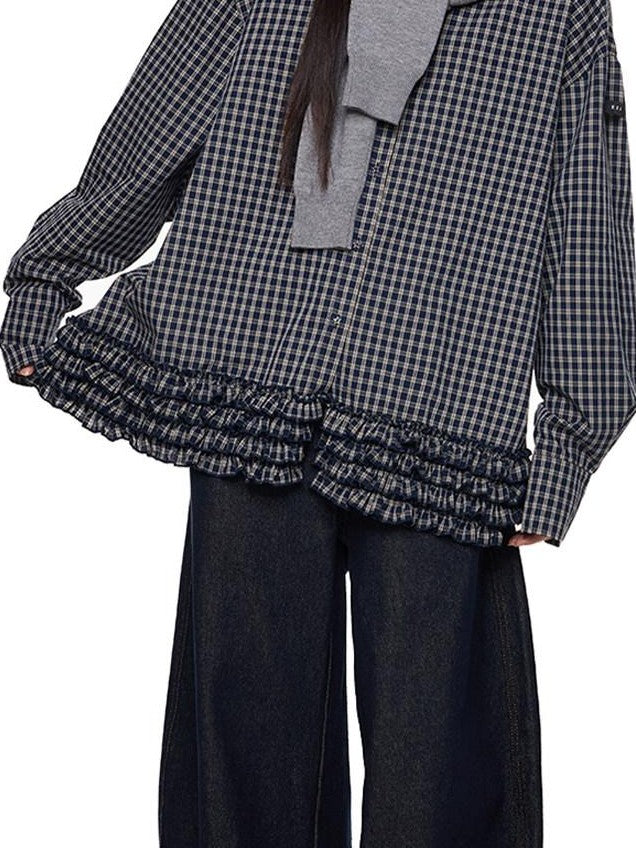 EZEK Navy Plaid Pleated Hem Gathered Detail Collared Women's Cotton Oversized Shirts