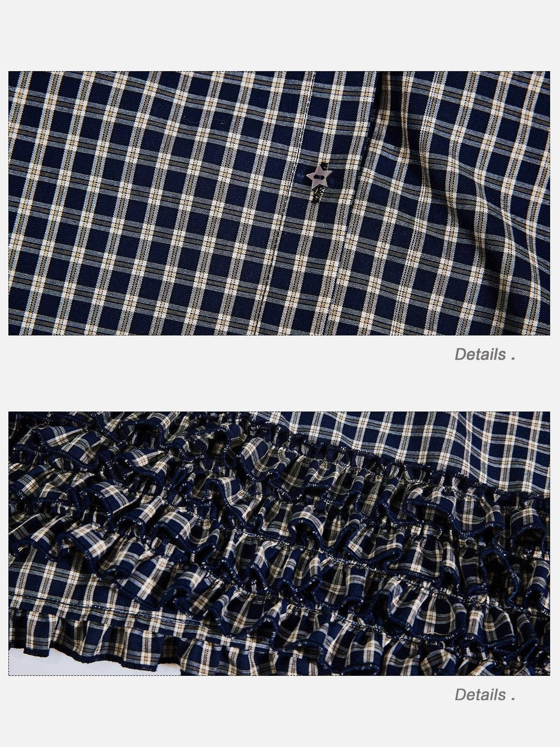 EZEK Navy Plaid Pleated Hem Gathered Detail Collared Women's Cotton Oversized Shirts