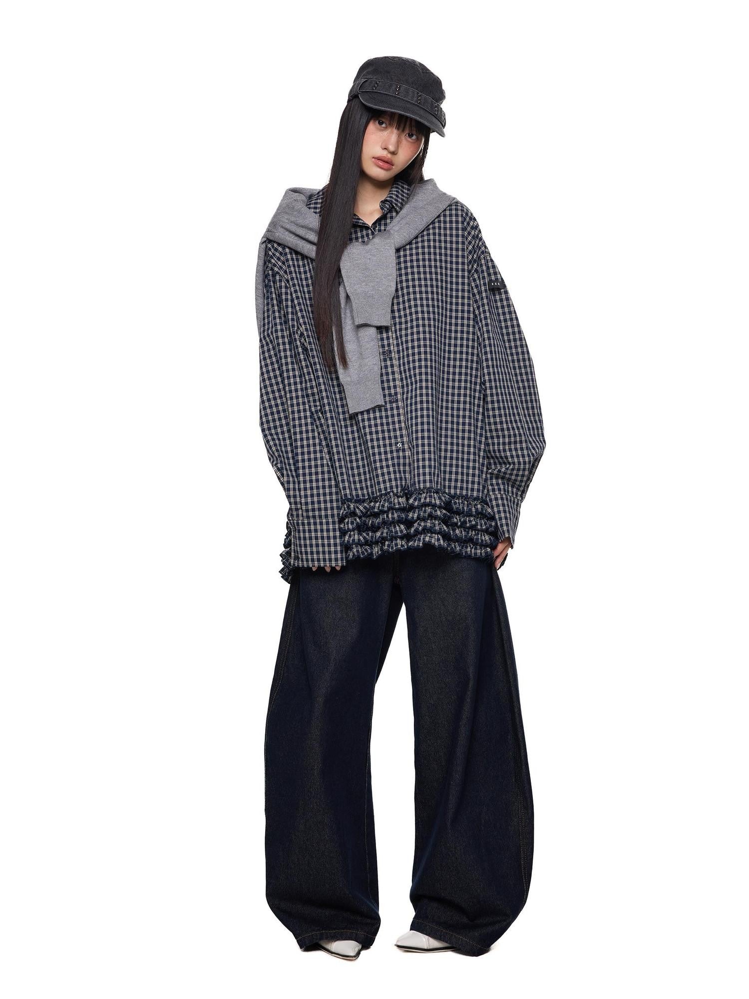 EZEK Navy Plaid Pleated Hem Gathered Detail Collared Women's Cotton Oversized Shirts