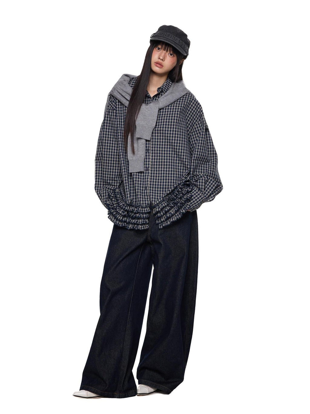 EZEK Navy Plaid Pleated Hem Gathered Detail Collared Women's Cotton Oversized Shirts