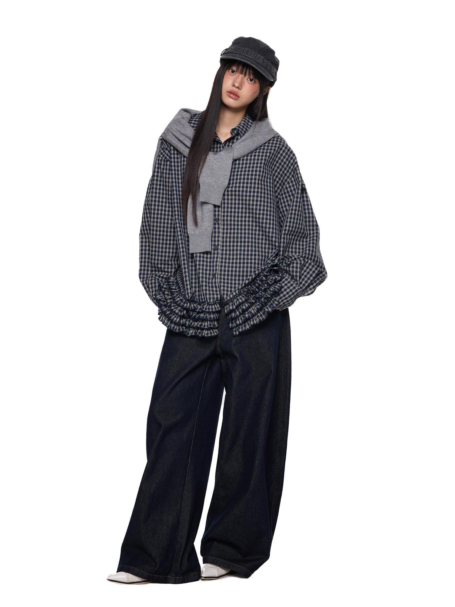 EZEK Navy Plaid Pleated Hem Gathered Detail Collared Women's Cotton Oversized Shirts