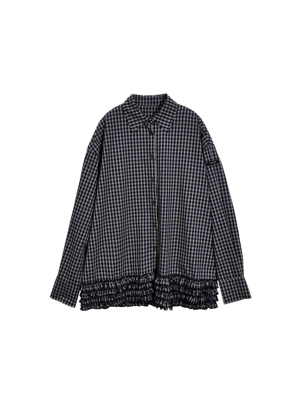 EZEK Navy Plaid Pleated Hem Gathered Detail Collared Women's Cotton Oversized Shirts