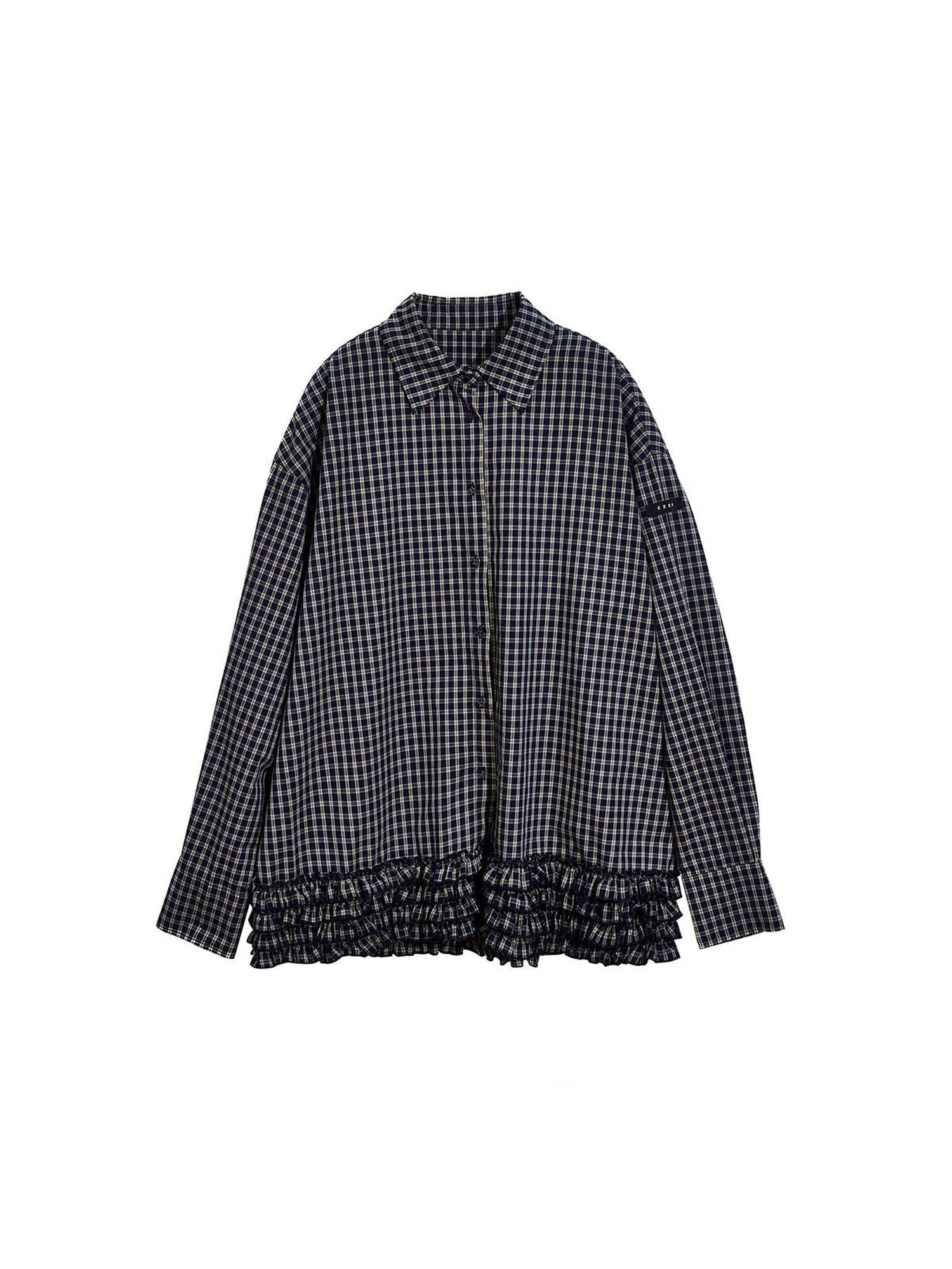 EZEK Navy Plaid Pleated Hem Gathered Detail Collared Women's Cotton Oversized Shirts