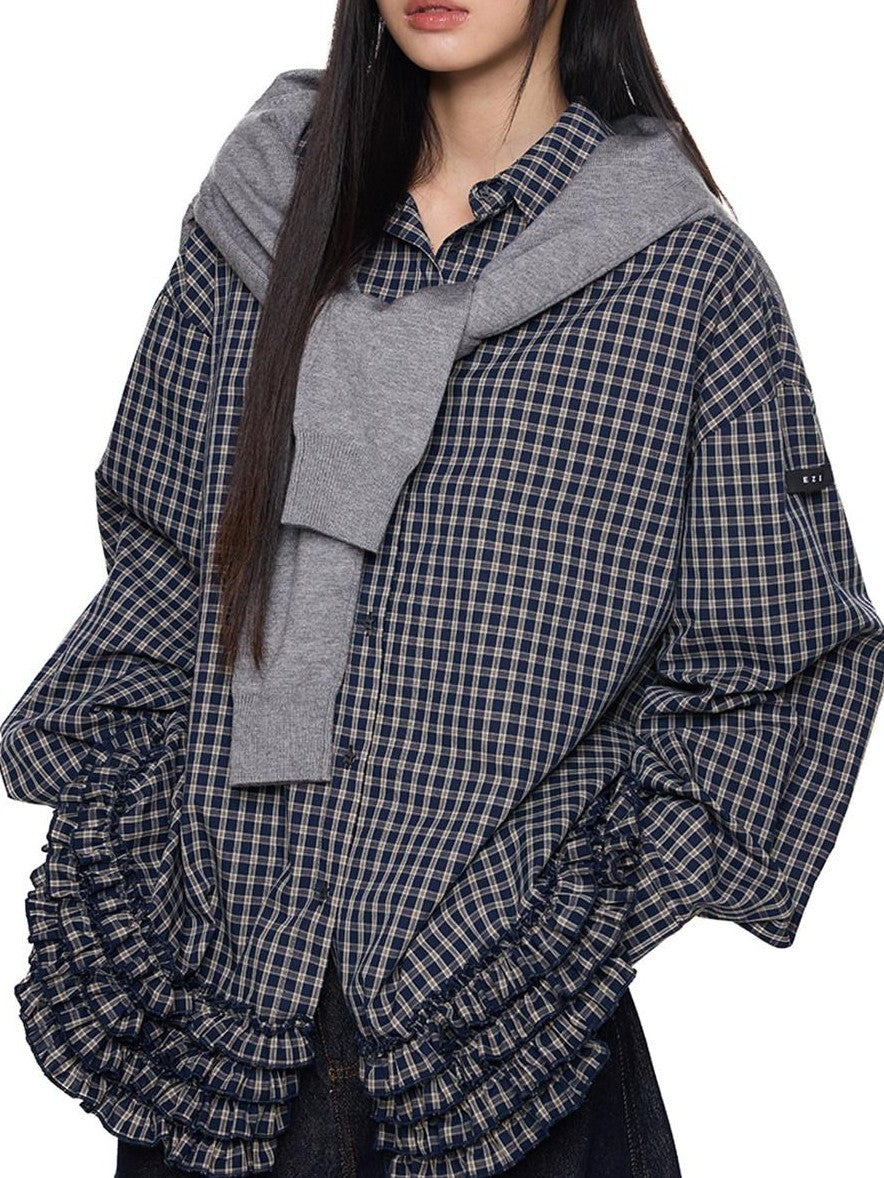 EZEK Navy Plaid Pleated Hem Gathered Detail Collared Women's Cotton Oversized Shirts