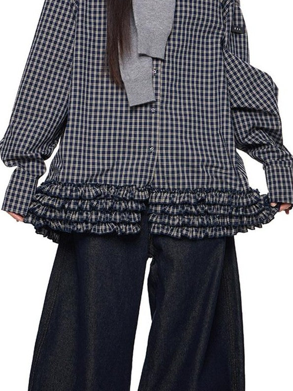 EZEK Navy Plaid Pleated Hem Gathered Detail Collared Women's Cotton Oversized Shirts