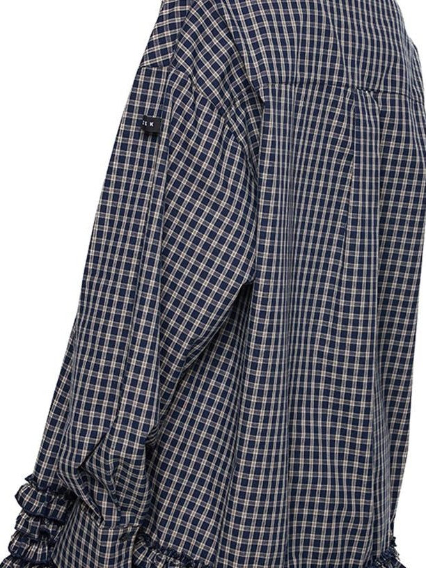 EZEK Navy Plaid Pleated Hem Gathered Detail Collared Women's Cotton Oversized Shirts