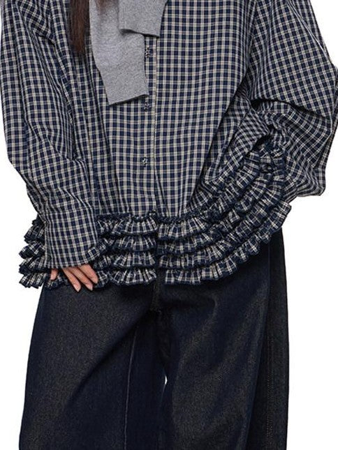 EZEK Navy Plaid Pleated Hem Gathered Detail Collared Women's Cotton Oversized Shirts