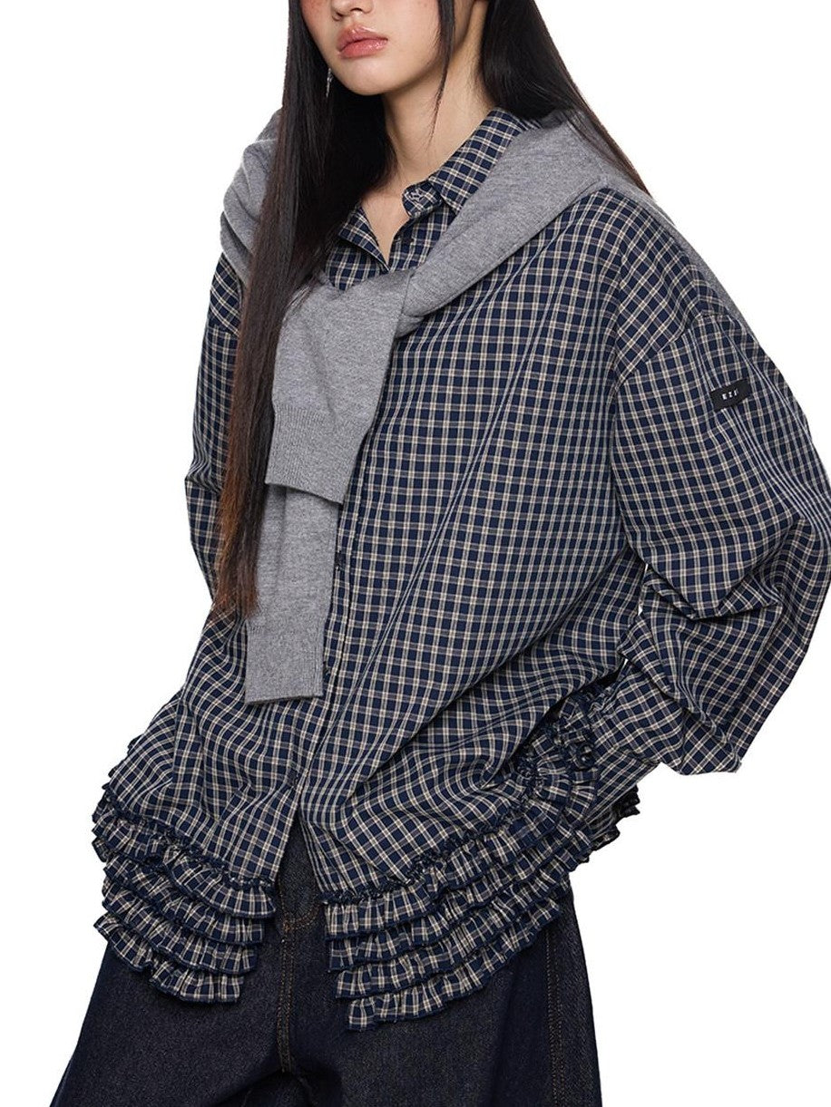 EZEK Navy Plaid Pleated Hem Gathered Detail Collared Women's Cotton Oversized Shirts