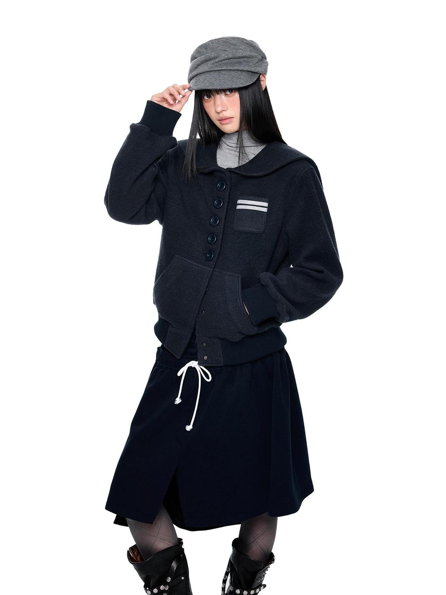 EZEK Navy Vintage Buttoned Pocket Ribbed Hem Women's Wool Blend Varsity Jackets