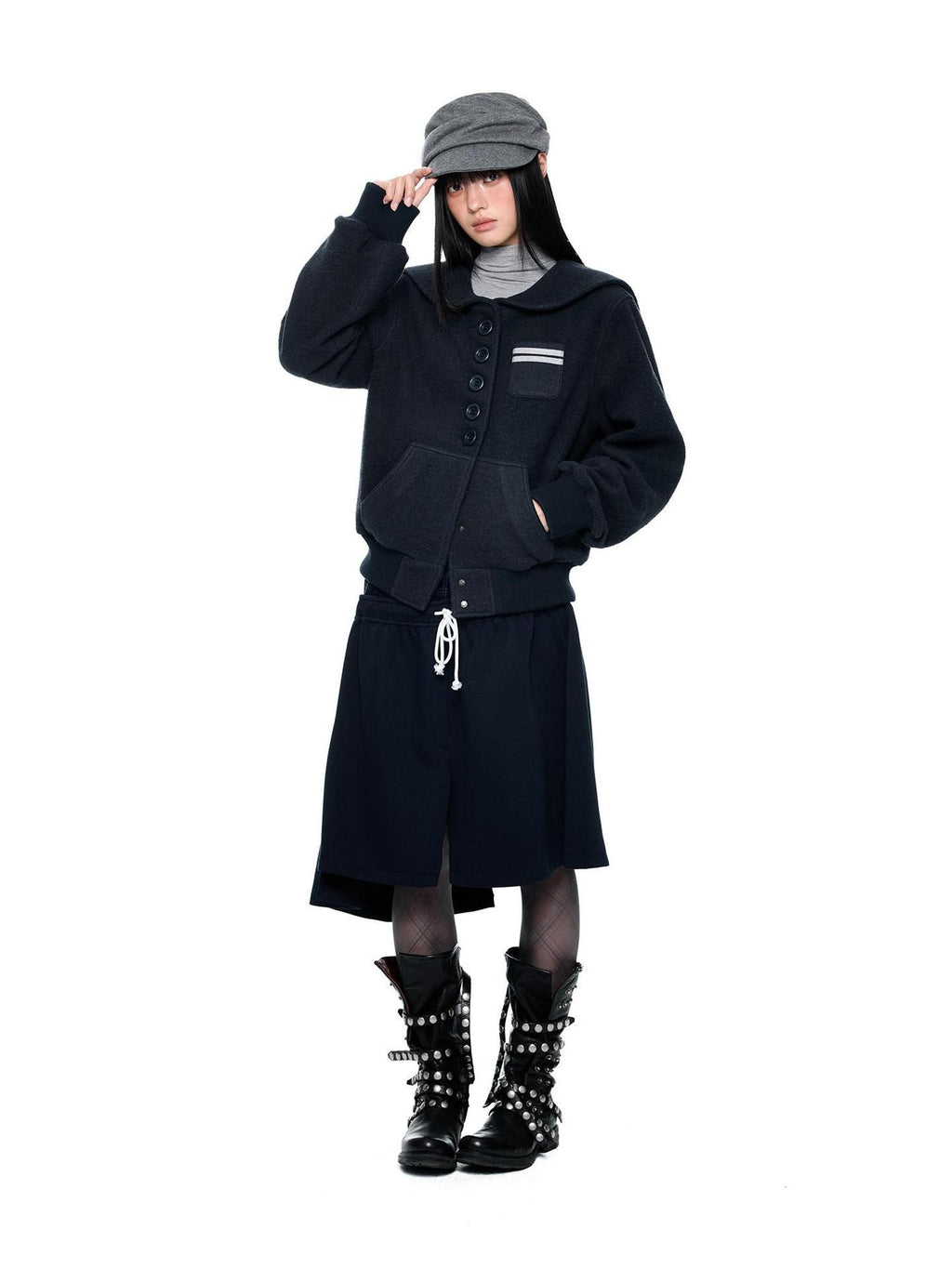 EZEK Navy Vintage Buttoned Pocket Ribbed Hem Women's Wool Blend Varsity Jackets
