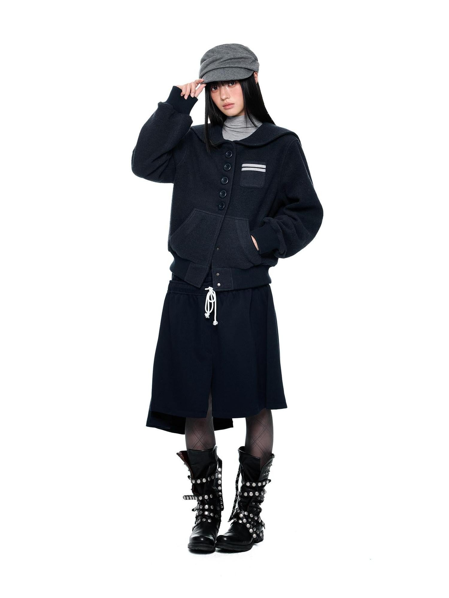 EZEK Navy Vintage Buttoned Pocket Ribbed Hem Women's Wool Blend Varsity Jackets