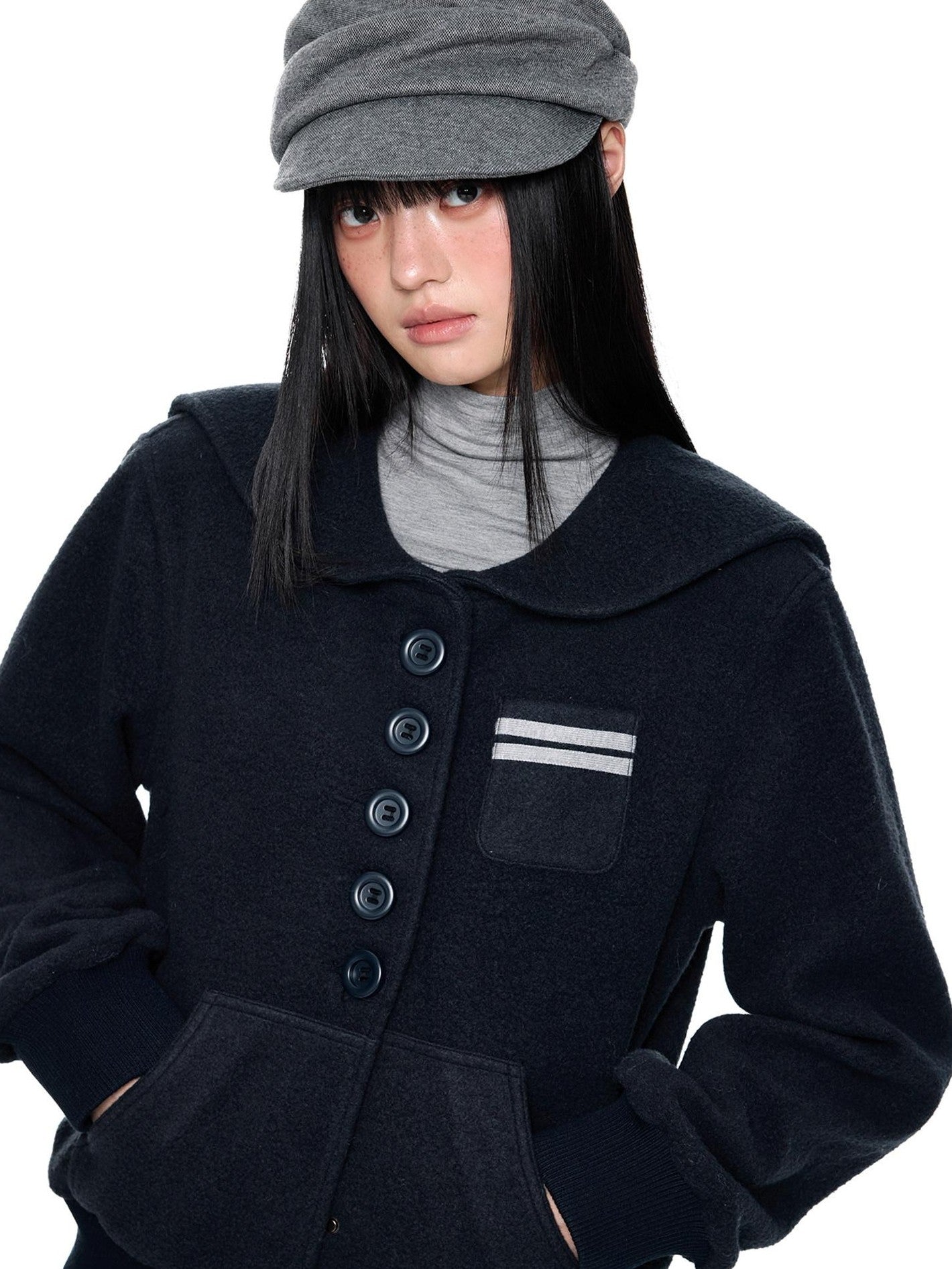 EZEK Navy Vintage Buttoned Pocket Ribbed Hem Women's Wool Blend Varsity Jackets