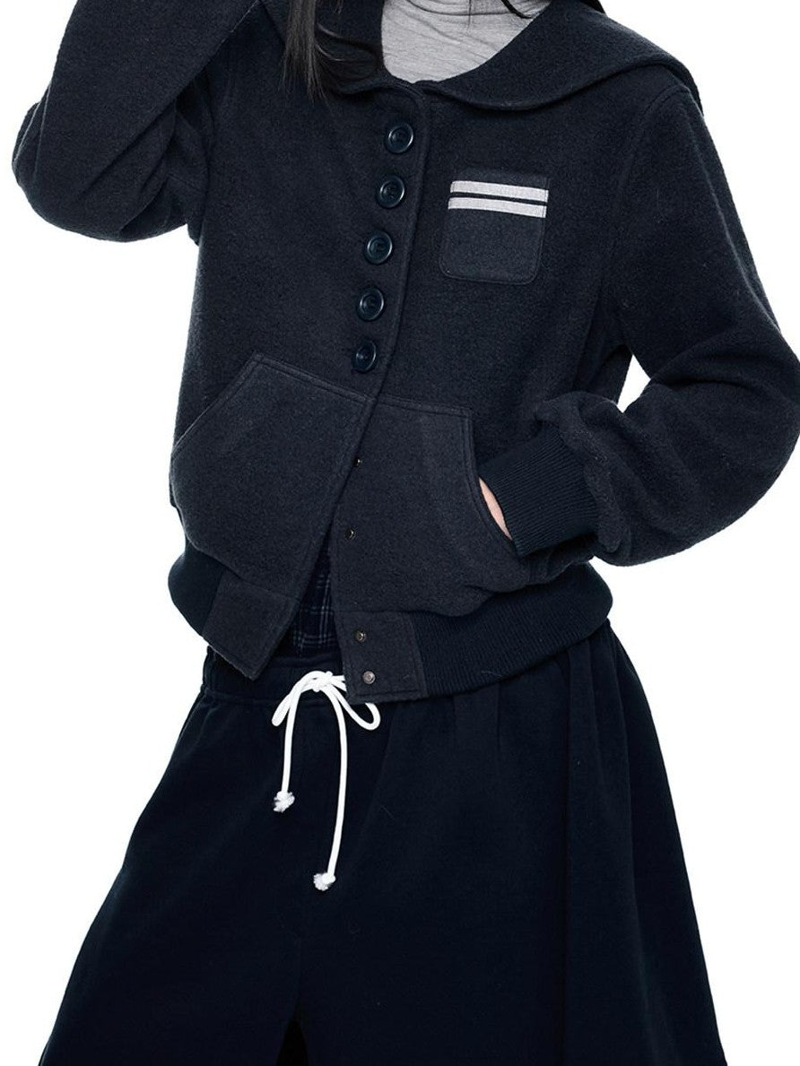 EZEK Navy Vintage Buttoned Pocket Ribbed Hem Women's Wool Blend Varsity Jackets