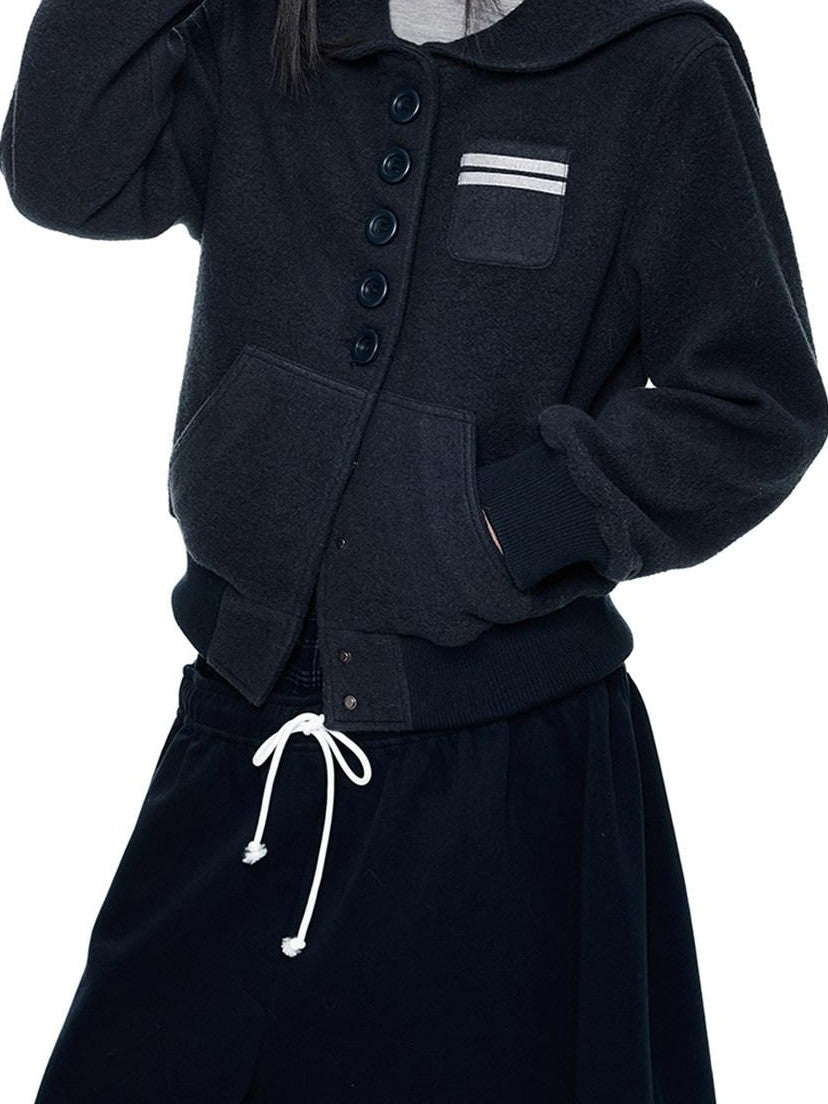 EZEK Navy Vintage Buttoned Pocket Ribbed Hem Women's Wool Blend Varsity Jackets