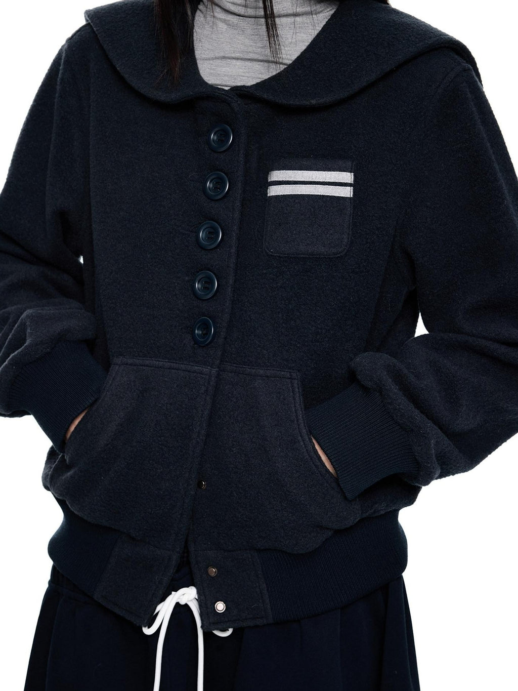 EZEK Navy Vintage Buttoned Pocket Ribbed Hem Women's Wool Blend Varsity Jackets