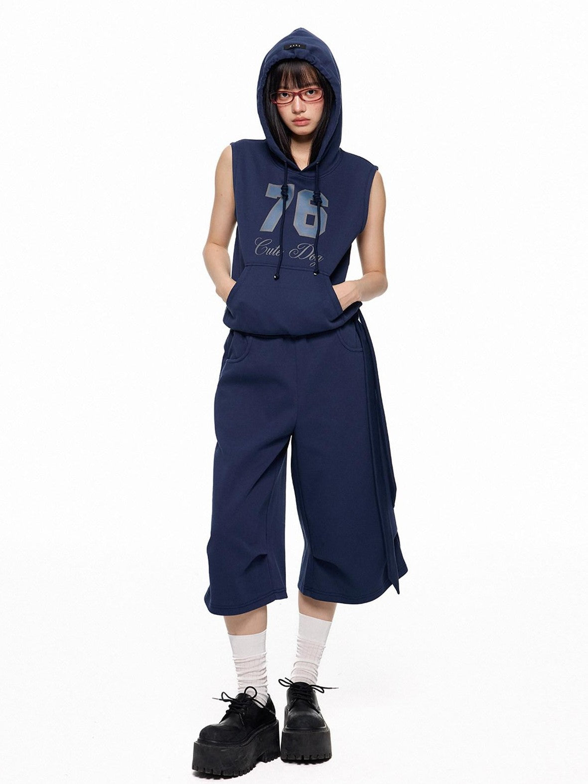 EZEK Navy Yellow Hooded Collegiate Jersey Women's Cotton Sport Top & Shorts Sets