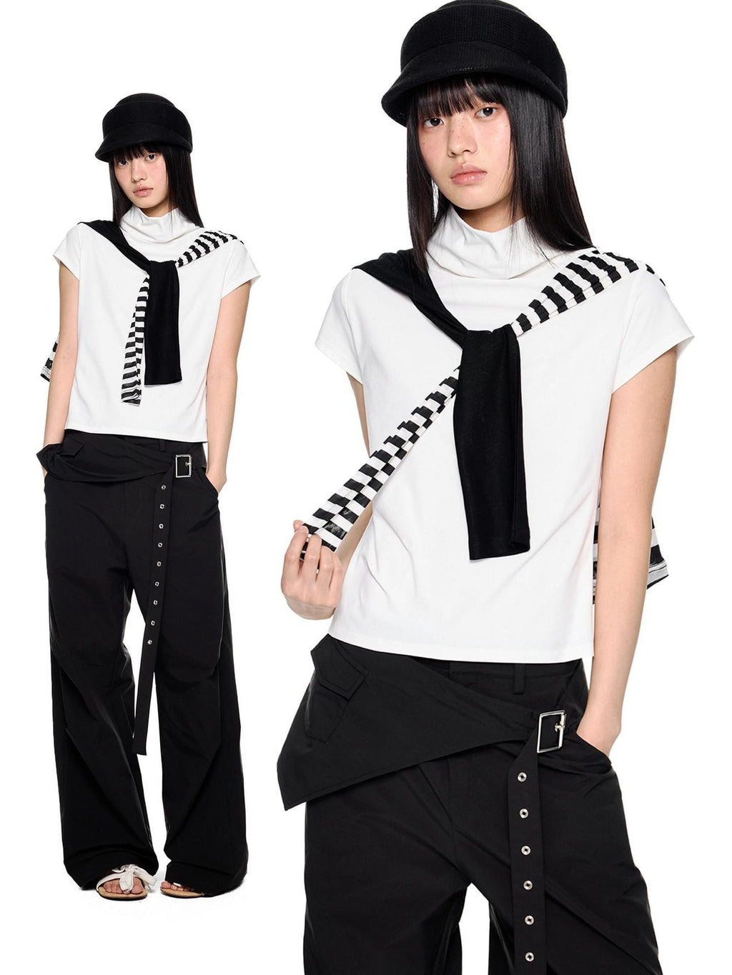 EZEK Pale Yellow High Neck Retro Print Slim Fit Women's Short Sleeve T-shirts