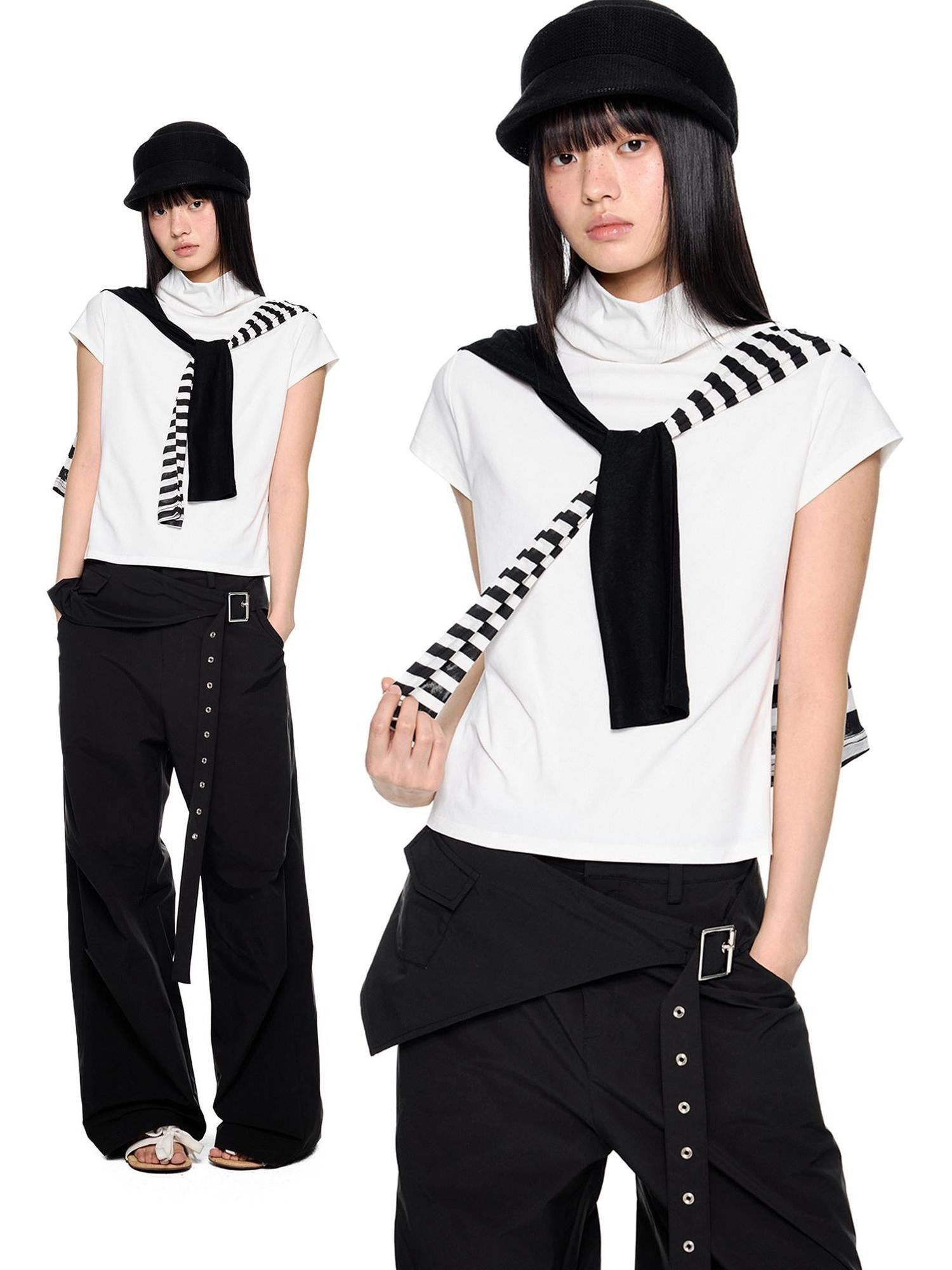 EZEK Pale Yellow High Neck Retro Print Slim Fit Women's Short Sleeve T-shirts