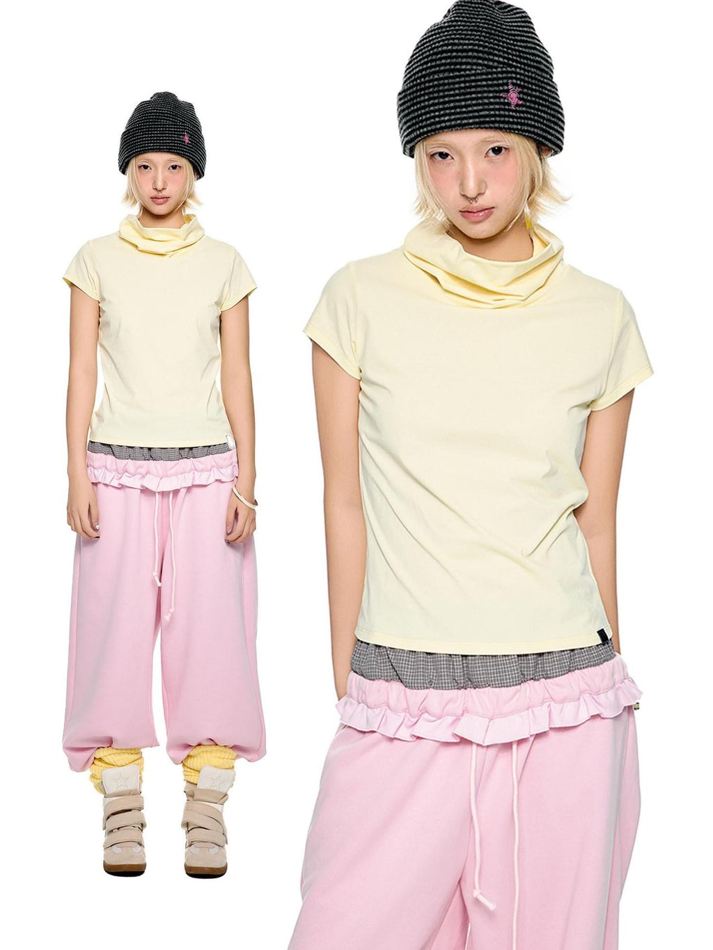 EZEK Pale Yellow High Neck Retro Print Slim Fit Women's Short Sleeve T-shirts