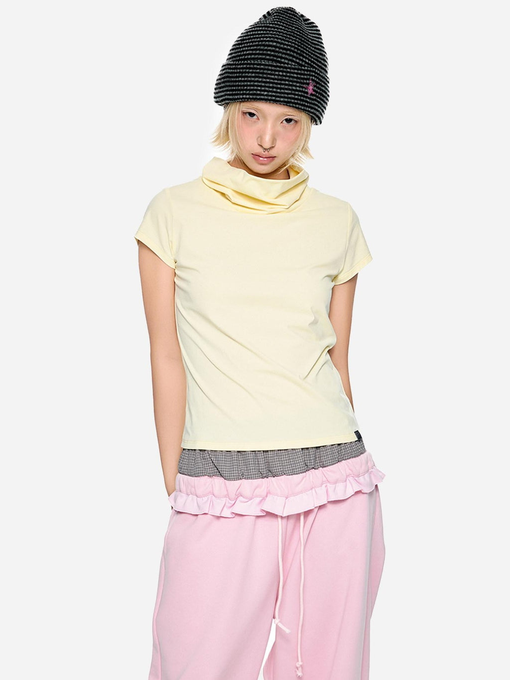 EZEK Pale Yellow High Neck Retro Print Slim Fit Women's Short Sleeve T-shirts