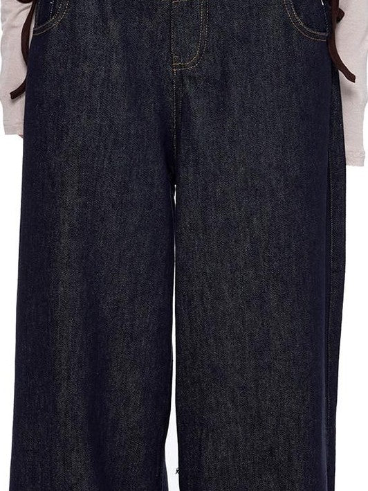 EZEK Patchwork Double Waist Low Waist Colorblock Women's Raw Denim Baggy Jeans