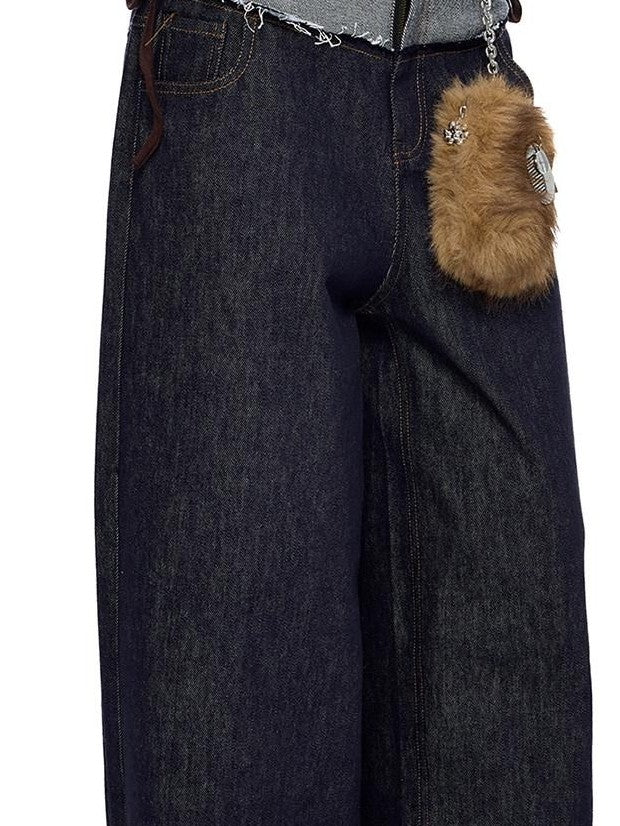 EZEK Patchwork Double Waist Low Waist Colorblock Women's Raw Denim Baggy Jeans
