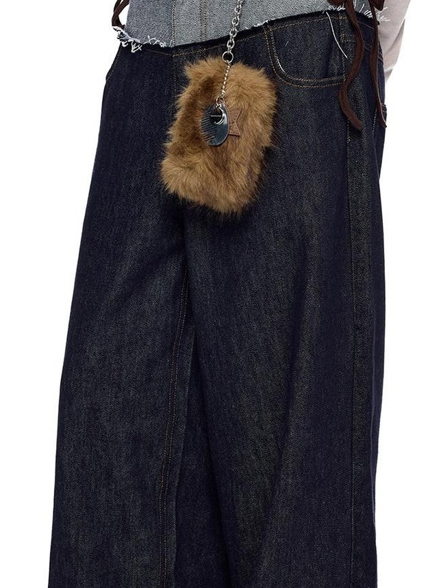EZEK Patchwork Double Waist Low Waist Colorblock Women's Raw Denim Baggy Jeans