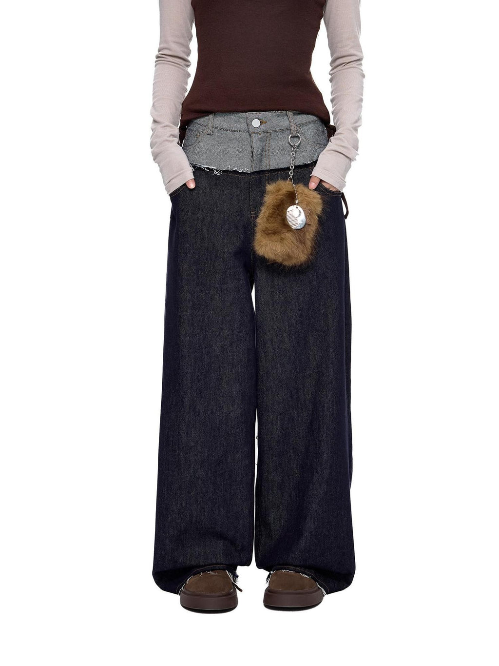 EZEK Patchwork Double Waist Low Waist Colorblock Women's Raw Denim Baggy Jeans