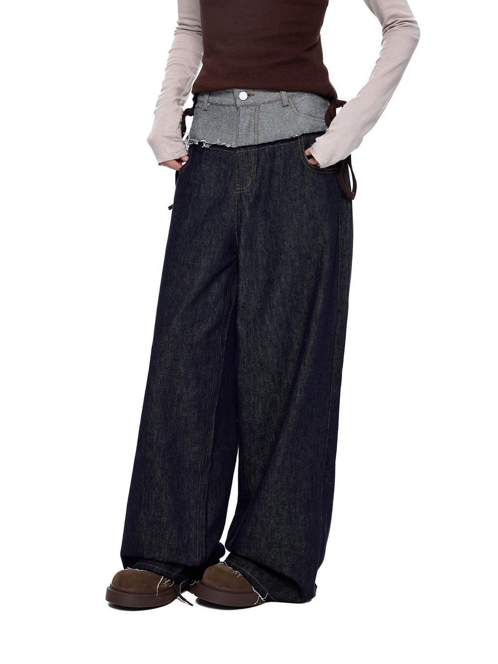 EZEK Patchwork Double Waist Low Waist Colorblock Women's Raw Denim Baggy Jeans