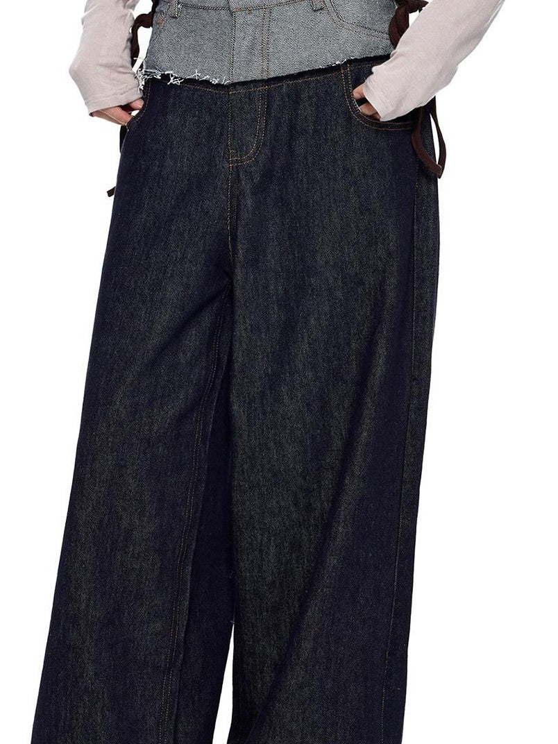 EZEK Patchwork Double Waist Low Waist Colorblock Women's Raw Denim Baggy Jeans