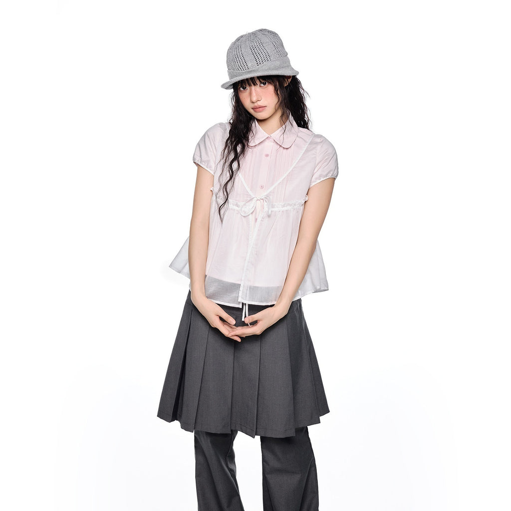 EZEK_Pink_Doll_Collar_Spliced_Mesh_Bow_Women's_Polyester_Short_Sleeve_T-shirts_1046319215455_MISSTT