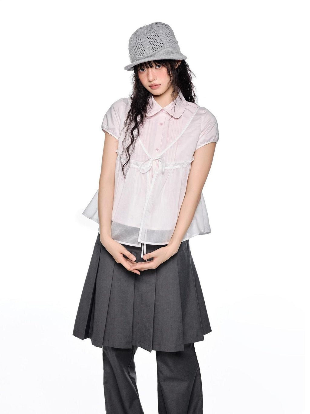 EZEK Pink Doll Collar Spliced Mesh Bow Women's Polyester Short Sleeve T-shirts