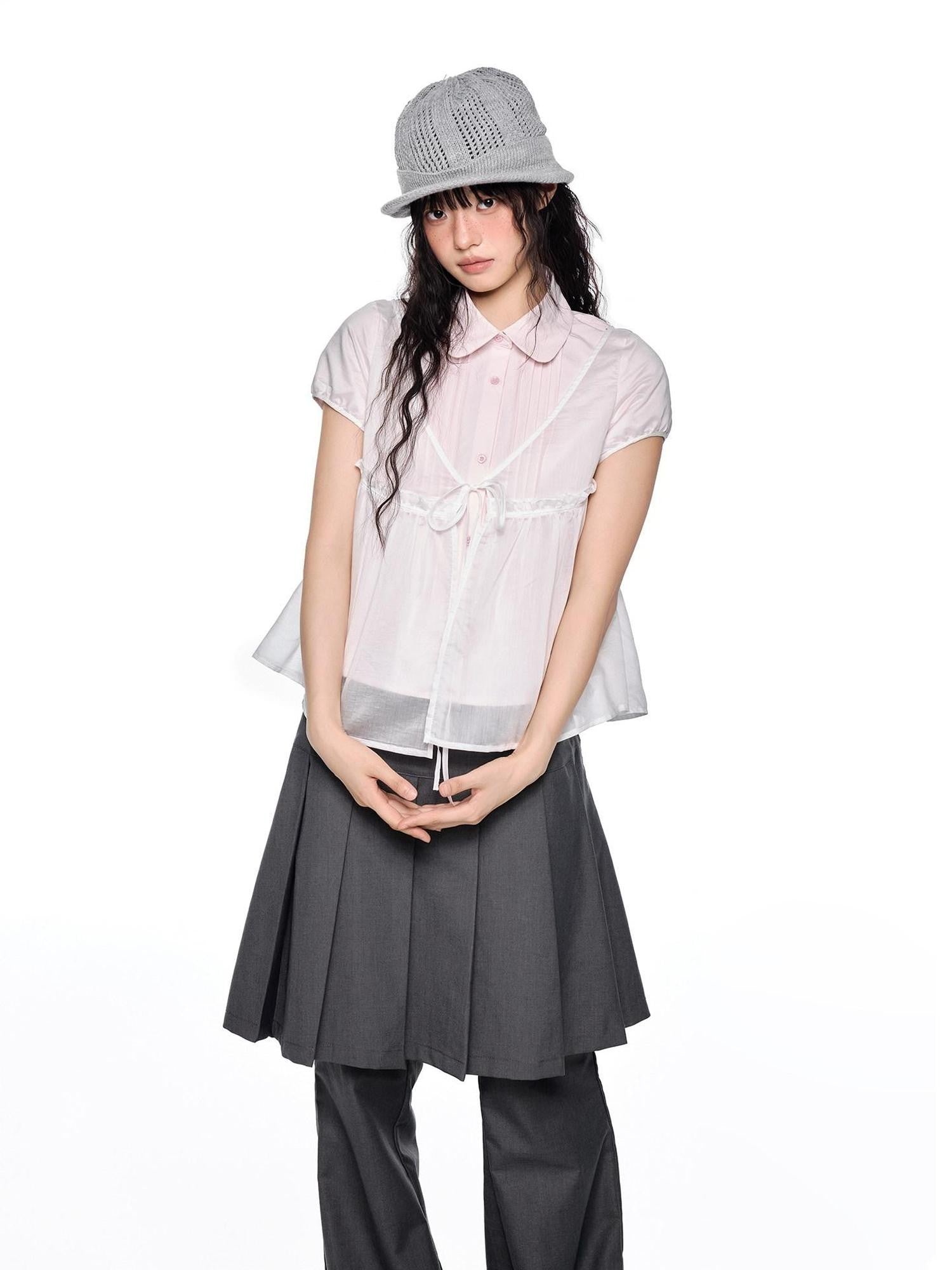 EZEK Pink Doll Collar Spliced Mesh Bow Women's Polyester Short Sleeve T-shirts