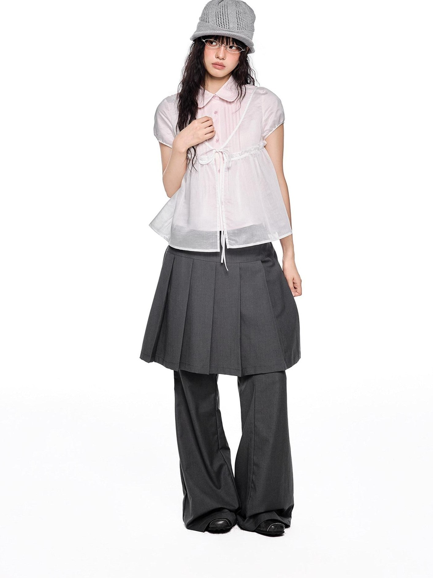 EZEK Pink Doll Collar Spliced Mesh Bow Women's Polyester Short Sleeve T-shirts