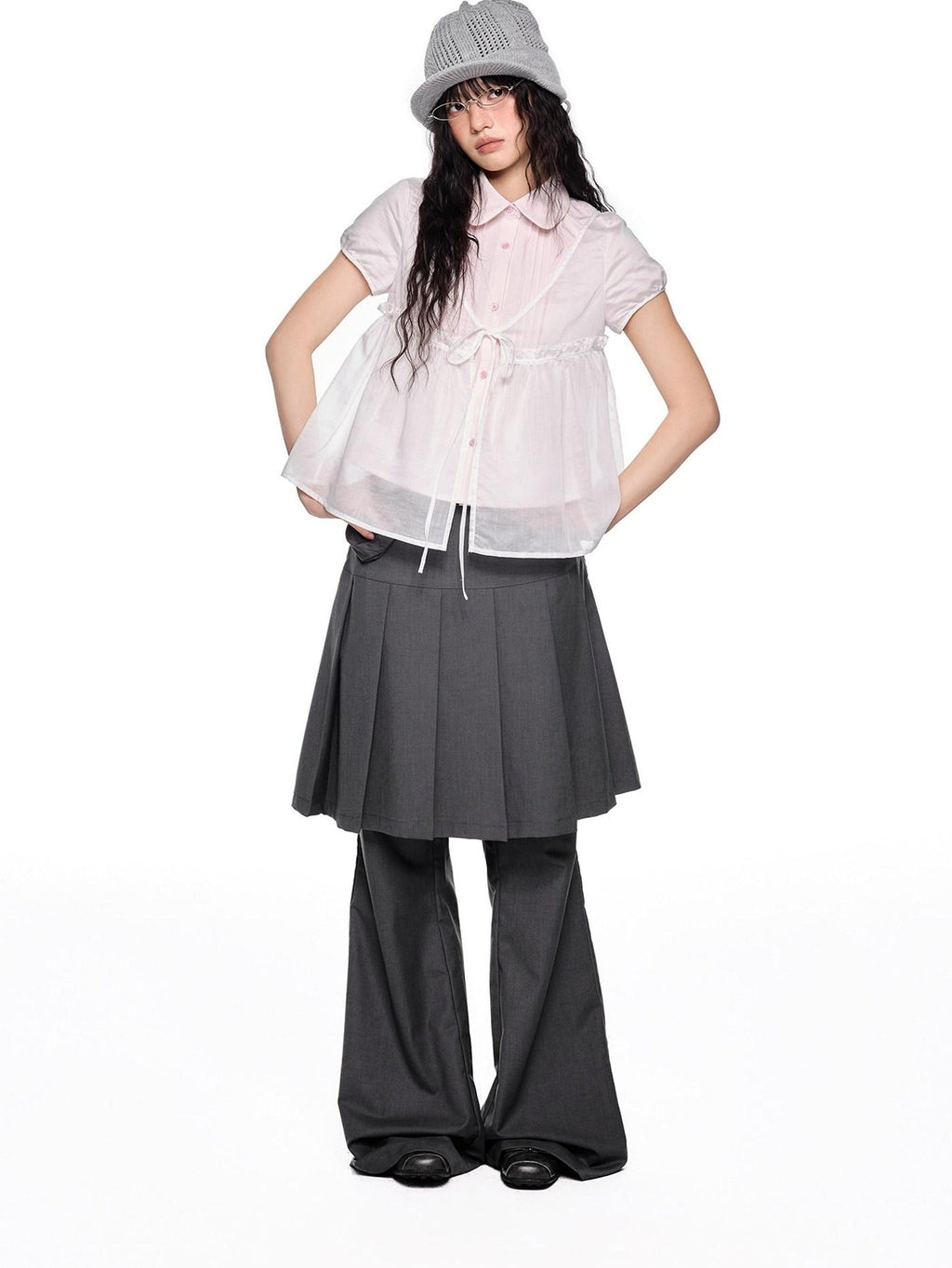 EZEK Pink Doll Collar Spliced Mesh Bow Women's Polyester Short Sleeve T-shirts