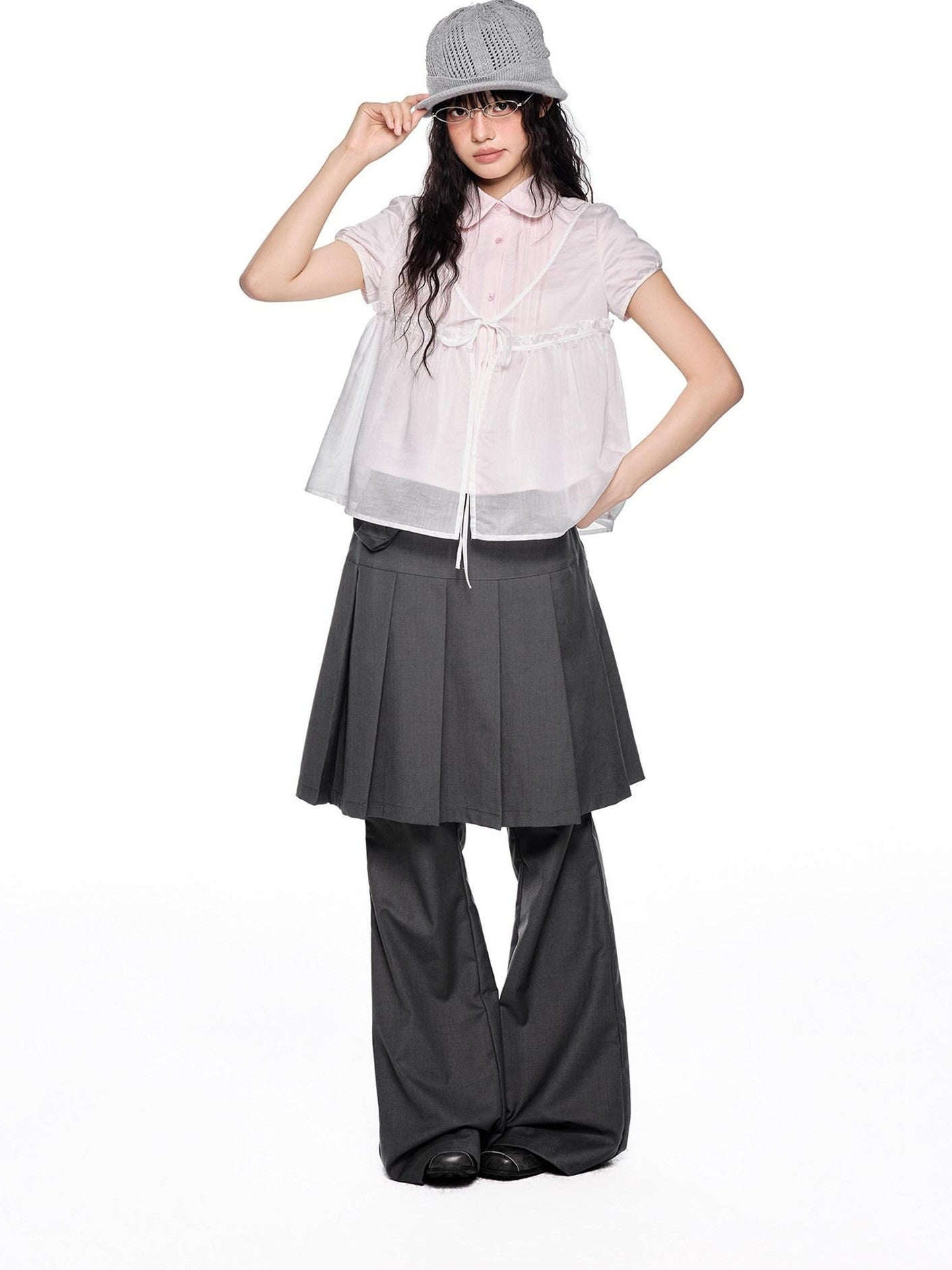 EZEK Pink Doll Collar Spliced Mesh Bow Women's Polyester Short Sleeve T-shirts